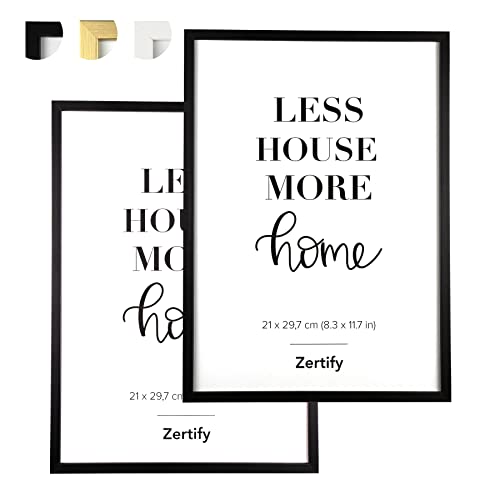 Zertify® Doppelpack (2 STK.) Bilderrahmen SCHWARZ - DIN A4 (21 x 29.7 cm) - Pinienholz mit bruchsicheres Plexiglas Cover