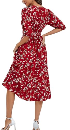 Image of Kormei Women Casual Boho V Neck 3 /4 Sleeve Smocked Waist A Line Flowy Swing Midi Dress Smocked Long Dress