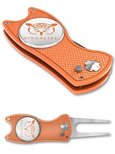 VISUALIZE Premium Golf Divot Repair Tool Kits with Ball Marker- Favorite Golf Gift Sets - Anodized Aluminum Switchblade-Style - Premium Feel & Durability (Orange)