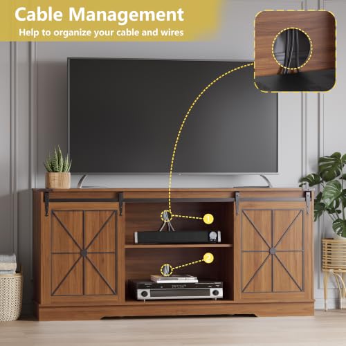 Image of Farmhouse TV Stand for 65 /60 /55 Inch Tvs, Rustic Entertainment Center with Storage Cabinets & Sliding Barn Doors, Modern Media Console Table, Wood Television Furniture for Living Room, Bedroom, Walnut