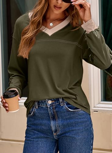 Dokotoo Womens Long Sleeve Shirts Casual V Neck Oversized Shirts Basic Tees Fall Clothes Fashion Outfits 2025