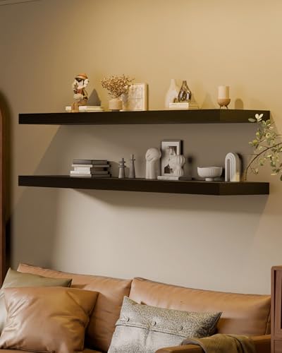 Image of 60 Inch Extra Long Floating Shelves, Set of 2 Deep Floating Shelves 12in Depth, Floating Shelves Long Heavy Duty Wood Shelves for Wall, Solid Wood Sleek Black