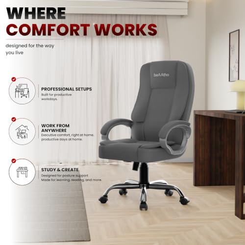 Image of beAAtho Vintage Executive High Back Ergonomic Fabric Office Chair with 3 Years Warranty | Revolving Director & Boss Seating | Orthopedic Design | Fabric Grey