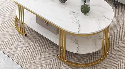 Image of Table, Midcentury Modern Coffee Table for Living Room, Centre Cocktail Table with Metal Frame and Faux Marble Look Tabletop, Already Assembled (Full White)