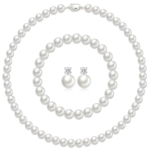 Pearl Necklaces for Women,8mm Pearl Necklace and Earring Bracelet Jewelry Set for Women Men Wedding Birthday Valentine Christmas Day Gifts