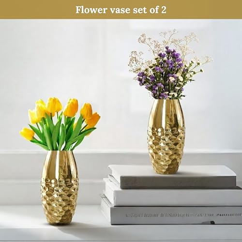 Image of BEHOMA Metal Vase Set of 2 pcs, Gold | Metal flower vase in Gold - for fresh or artificial flower displays for living room - great wedding gift (Set of 2)