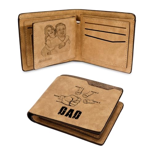 Gift for Men Dad Fathers Day Personalized Photo Wallet Kids Fists Bump Names Text Engraved Wallets For Men Custom Mens Wallet with Photo ID Card Holder Leather Wallet For Men Husband