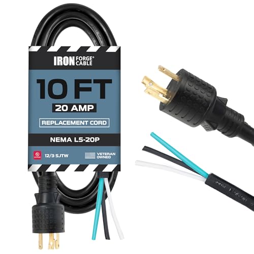 Iron Forge Cable NEMA L5-20P Replacement Power Cord 10 ft - 20 Amp Locking Outdoor Extension Cord Heavy Duty 12 Gauge SJTW, Twist Lock