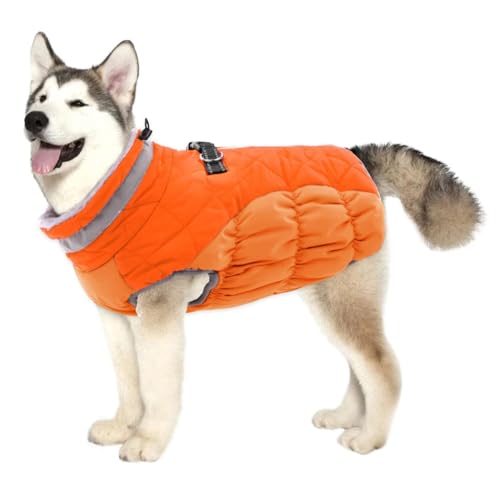 中型犬用犬用コート、フリース裏地付き冬用ペットジャケット、小型・中型・大型犬用ハーネス内蔵反射タートルネック犬用冬用コート,オレンジ色,S