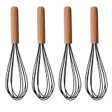 4Pack Wooden Handle Silicone Whisks for Baking - 10 Inch Balloon Egg Beater Set, Heat Resistant Non-Scratch Kitchen Whisk for Mixing, Whisking & Frothing (Black)
