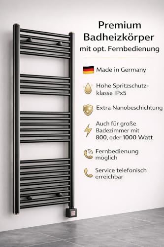 anapont elektrischer Badheizkörper 1775hx600b - schwarz - mit Timer-Funktion - Handtuchheizkörper - Badheizung elektrisch - Handtuchheizung bad - Made in Germany