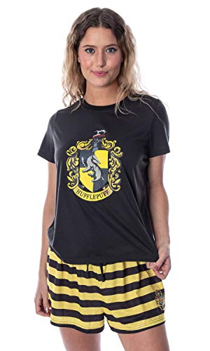 Harry Potter Womens Hogwarts Castle House Crest 2 Piece Pajama Short Set Lounge Sleepwear (Hufflepuff X-Large)