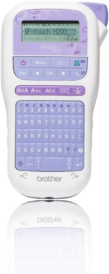 BROTHER, PT-H200 Label Maker, P-Touch Craft Label Printer, Handheld, QWERTY Keyboard, Up to 12 mm Labels, Includes 12 mm Gold on White Tape Cassette, White/Violet