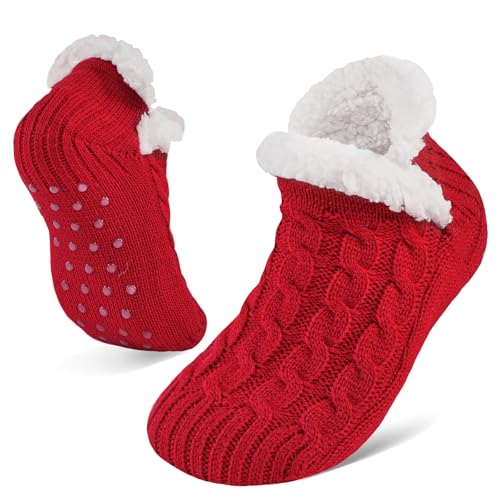 Niorasen Fluffy Slipper Socks Women Men Winter Gift for Her Warm Bed Socks with Grippers Thick Cosy Non-Slip Sock Ladies Women Girls Gifts for Christmas UK 4-9 Red