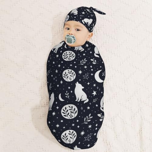 Image of Boho Wolf Newborn Swaddle Blankets Hat Sets Soft Baby Receiving Blanket Swaddle for Baby Shower Infant Boy Girl Gift
