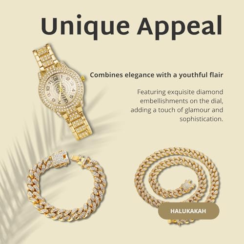 Image of Halukakah Diamonds Watch Iced Out for Boy Teens Kids - 18K Real Gold /Platinum Plated,Arabic Numerals Round Dial,Japanese Quartz - 7.7 inch Length - Optional with Cuban Link Chain - for Birthday,Parties