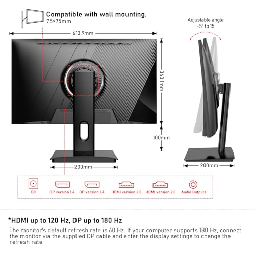 Image of Gawfolk 27 inch 2K QHD(2560x1440) PC Screen, 180Hz Gaming Monitor, 1ms Without Bezel, FreeSync,100% sRGB, 178 Wide Viewing Angle, HDMI2.0、DisplayPort, 75 * 75MM Wall Mount Compatible - Black
