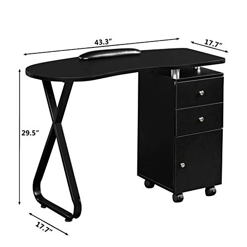 Mefeir Manicure Table Nail Desk With Drawers & Cabinet On Wheels, Supporting Frame Leg &Wrist Cushion, Beauty Spa Salon Home Wooden Technician Workstation Nail Art Equipment For Nail Tech, Black #TOP5