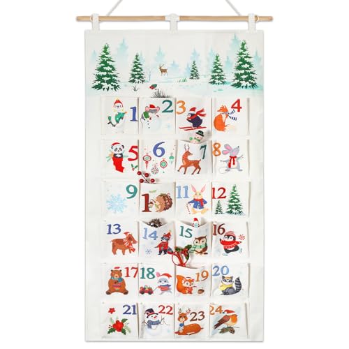 DPKOW Invierno Animal Vacio Calendario Adviento para Rellenar, Tela Calendario de Adviento Rellenable DIY Calendarios Navidad Reutilizable, Original, Grande Bolsa, Colgante para Puertas Pared