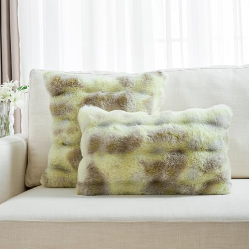 FUTEI Green White Decorative Throw Pillow Covers 26x26 Inch Set of 2,Soft Fuzzy Faux Rabbit Fur Euro Pillow Shams with Raised Texture,Neutral Boho Home Decor for Couch Bed Living Room