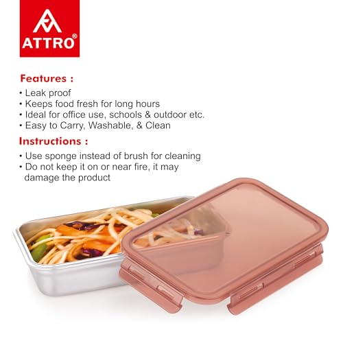 Image of Attro Steelox Rectangle Stainless Steel Container with Plastic Seal Lid BPA Free Food Grade Leak-Proof Ideal for School, Office & Outdoor Lunch Pack - 560ml Brown
