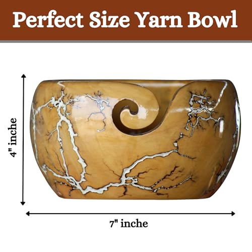 Image of Lichtenberg Figure Yarn Bowl - Handmade Wooden Yarn Bowl for Knitting Yarn Ball Holder - Yarn Bowls with Holes Crochet Bowl Holder - Yarn Storage Bowl 7 inch x 4 inch inches (White)