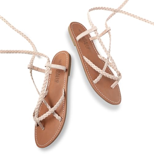 Image of Trary Womens Woven Braided Lace Up Flat Sandals Strappy Gladiator Open Toe Tie Up Ankle Wrap Summer Cute Flats Comfortable Casual Beach Vacation Dressy Walking Shoes