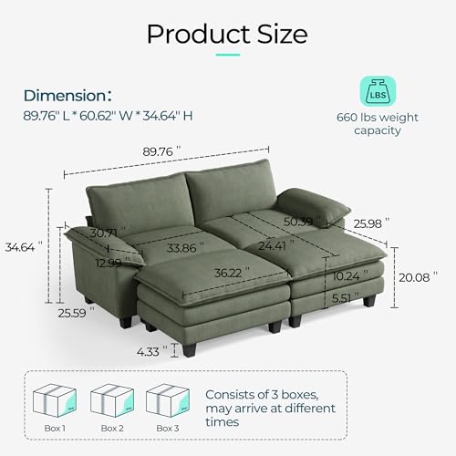 Image of LINSY HOME 90'' Modular Sectional Sofa 2 Seat Couch Corduroy Cloud Couch with Deep Seat, Modern Cloud Couch with 2 Movable Ottoman for Living Room, Office, Bedroom, Green