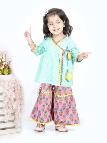 Image of BownBee Girls Cotton Kurti and Sharara Suit Set Round Neck, Angrakha Traditional Ethnic Dress, Front Open Kurta For Girl Kids, Suitable for All Festivals & Casual Wear