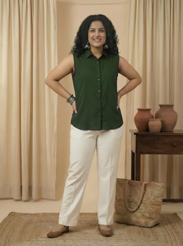 Image of Women Plus Size Sleeveless Button Down Shirt Polyester Formal Office Casual Wear Classic Fit Professional Shirt