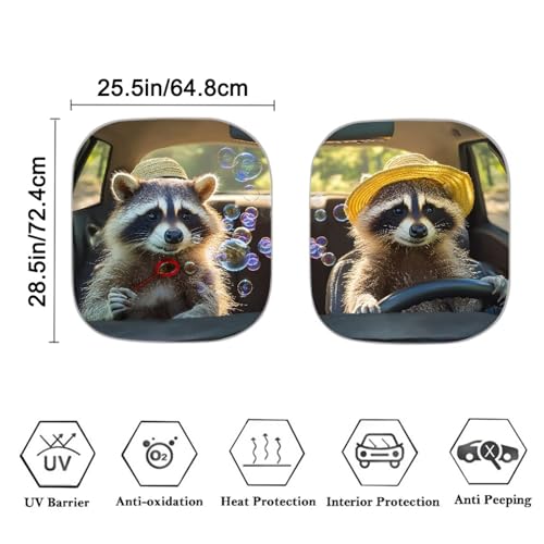 Image of Cute Raccoon 2 PCS Car Window Shades Foldable Automotive Front Window Sunshade Protector Heat and UV Rays That Keeps Vehicle Cool Universal Vehicle Accessories
