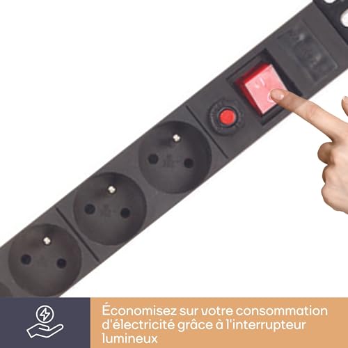 Perel Multiprise PDU 8 Prises, Prises Type E avec Terre, Rack 19 Pouces, 3680 W 16 A, Interrupteur, Protection surtension, câble 2,15 m, Distributeur pour Baie Serveur Bureau IT – vue 5