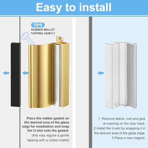 Image of 3 inch Aluminum Alloy Frameless Shower Door Handle with Metal Strike, Stainless Steel U-Channel with Magnet for Swing Glass Door Thickness 1 /8 inch,5 /32 inch,3 /16 inch, and 1 /4 inch, Shower Door （Golden ）