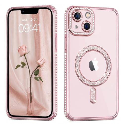 Image of Elzzi Compatible with (iPhone 15 Plus Case) Clear Luxury Diamond Glitter Case |Camera Lens Protector with Glitter Ring | Premium Shockproof Glossy Shiny Back Cover Case for Girls Women -Pink
