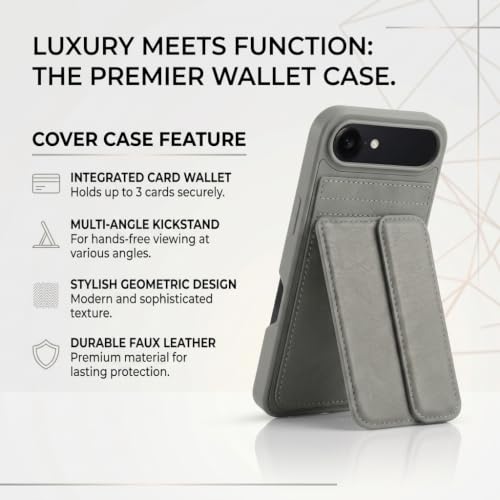 Image of amazon basics Luxury Vegan Leather Back Cover for iPhone 17 Air | Built-in Card Holder Slot | Integrated Mobile Stand | Slim Shockproof Protective Case with Stitched Finish - Gray