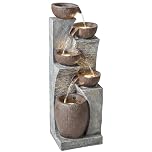 Outsunny Outdoor Fountain with 5-Tier Rustic Crock Design, Waterfall Feature with LED Lights, Adjustable Flow, Resin Freestanding Garden Fountain for Patio, Grey and Rustic Brown