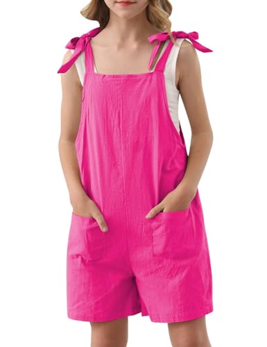 Image of Girls Romper Sleeveless Adjustable Tie-Up Strap Short Jumpsuits Summer Clothes with Pocket 5-12 years