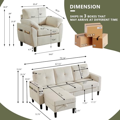 Image of 3 Pieces Sofa Set for Living Room with Sofa, Storage Ottoman and Single Chair