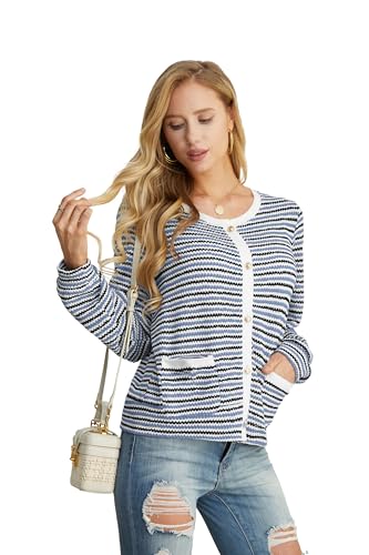 Image of Women Striped Cardigan Button Cardigan Sweaters Dressy Casual Lightweight Jacket with Patch Pockets for Women