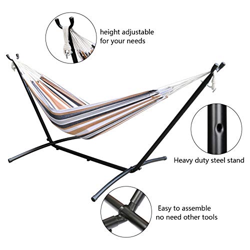 Double Hammock with Space Saving Steel Stand (450 lb Capacity - Premium Carry Bag Included) - for para Patio, Indoor and Outdoor (Coffee/Blue Stripes)