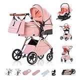Kakbgee 3 in 1 Kinderwagen mit Babyschale, Faltbar Buggy, 7-fach höhenverstellbarem Griff, 4-Rad Federung, Regenschutz, Moskitonetz, Kombikinderwagen für Neugeborene 0-3 Jahre (15kg), Rosa