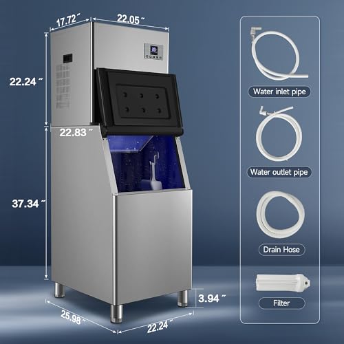 Image of Commercial Ice Maker,Ice Machine 500LBS /24H with 300LBS Storage Bin,Ice Ready in 5-14 min,Self-Cleaning,Stainless Steel Industrial Ice Maker for Restaurant Business Bar,Thicknesses Adjustable