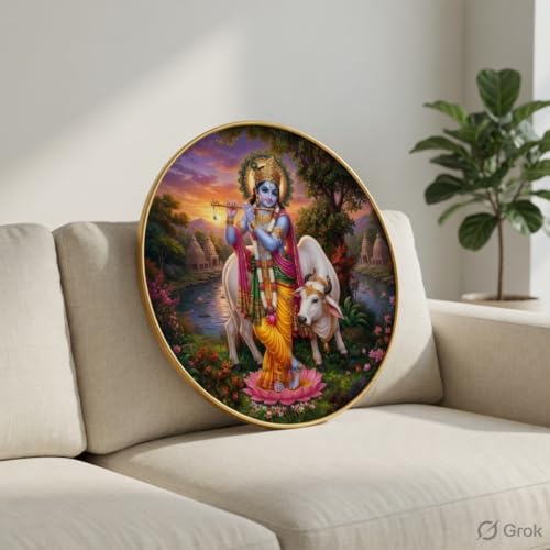 Image of SAF Lord Krishna with Cow Wall Art with PVC Round Frame | Sparkle Laminated Flute Krishna Divine Painting | Spiritual Wall Decor for Home Temple Living Room Office Gift Item
