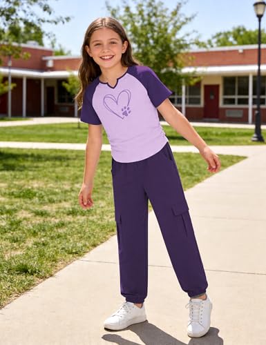 GEMLON Girls Two Piece Outfits Short Sleeve Heart Print T-shirt and Cargo Pants with Pockets Summer 9 Year Old Girl Clothes — view 2