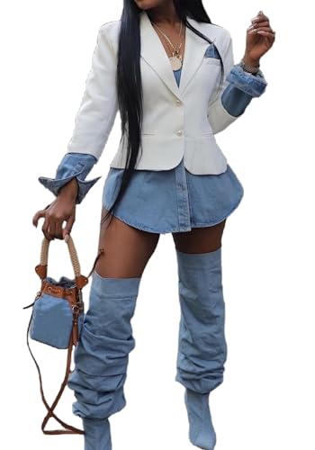 Women's Denim Blazer Jacket Casual Patchwork Long Sleeve Top Open Front Jean Jackets