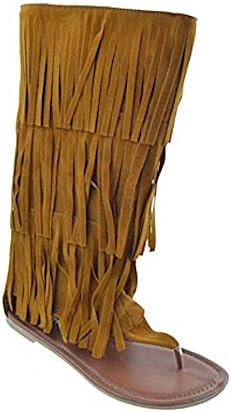 New Womens Mid Calf Fringe Moccasin Dress Sandals Sexy Boot Style in Black Tan, Brown, Red (6, Tan)