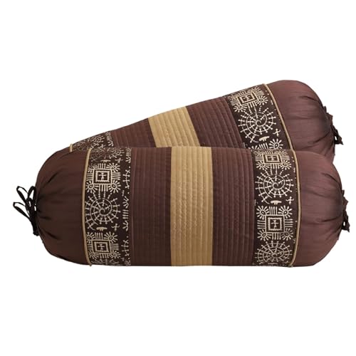 Image of Gifts Island Set of 2 Polyester Silk Traditional Hand-Block Printed & Striped Bolster Covers (Brown)