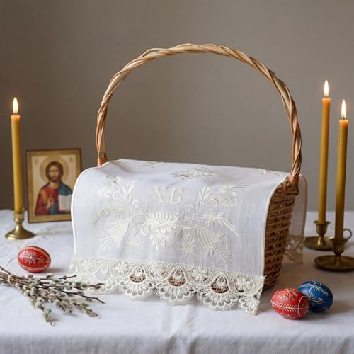 HunnmingRe Easter Orthodox Pascha Basket Cover Table Decoration Religious Gift 28\" Traditional Easter Basket Towel Embroidered Ukrainian XB Cloth Communion Prosphora Greek Christian Altar