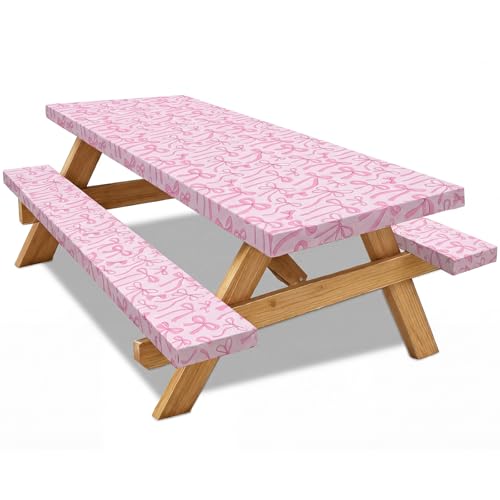 SmoothNovelty Pink Bow Picnic Table Cover with Bench Covers for 6 ft Tables, Fitted Elastic Polyester Waterproof Camping Tablecloth for Women Birthday Party Supplies Cute Patio Picnic BBQ Decor