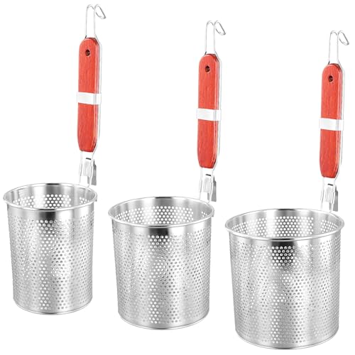 MOUYAT 3 PCS Pasta Basket, Stainless Steel Pasta Strainer, 3 Sizes Micro Perforated Noodle Colander with Wooden Handle, Spider Food Strainer Basket for Kitchen, 12, 14, 16cm